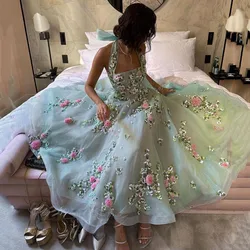 Customized Exquisite A-line Sleeveless Prom Gown Square Neck Backless 3D Appliques Dream Evening Party Dresses Платья На Торжест