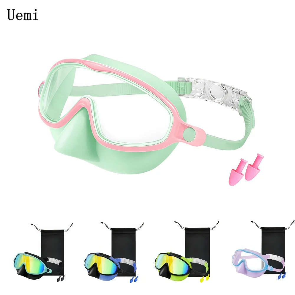 Kinder-Silikon-Nasenschutz-Schwimmbrille mit Weitwinkel, Antibeschlag, UV400, auslaufsichere Tauchbrille für Kleinkinder 3-12 Jahre