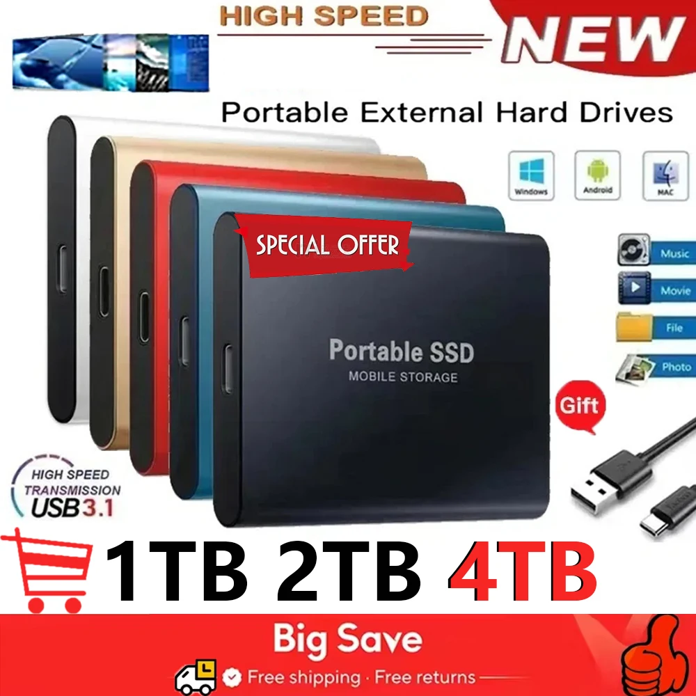 2026 New 8TB External SSD 16TB Portable Solid State Drive High-Speed Hard Disk USB 3.1/Type-C Storage Device For Laptops/Desktop