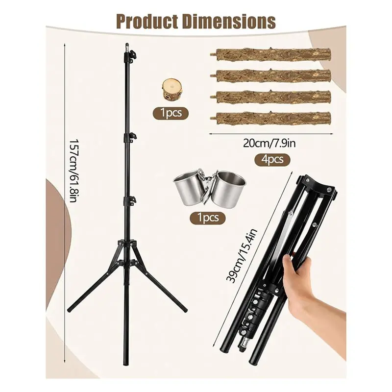 M11K-16-61 Inch Height Adjustable Bird Perch, Wood Parrot Training Perch Stand With Feeding Cups