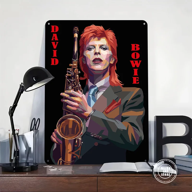 David Bowie With Saxophone Pop Art Poster Retro 3D Printed Metal Signs Customized Wall Hanging Gift for Room Ornaments Tin Sign