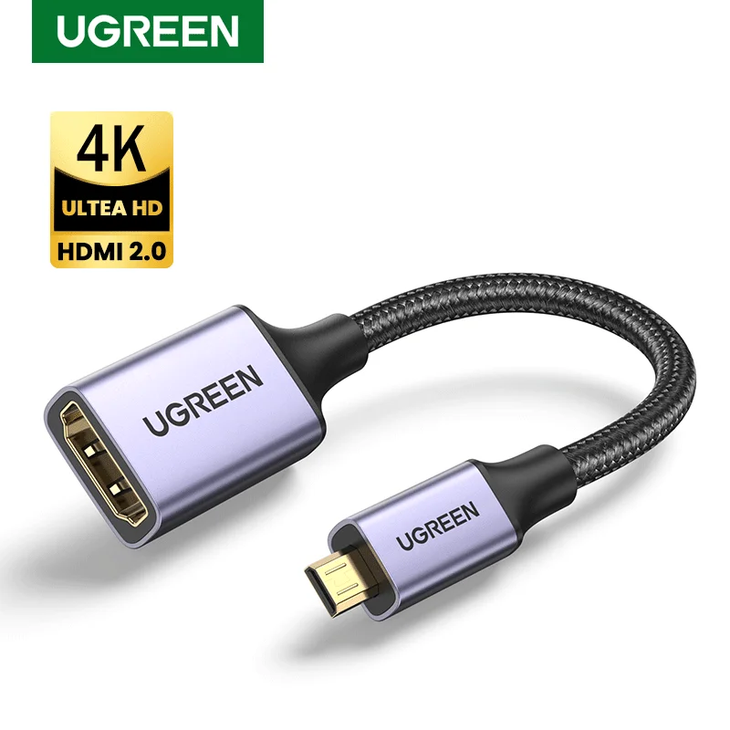 UGREEN Micro HDMI to HDMI Adapter 4K/60Hz 3D Micro HDMI to HDMI for GoPro Hero 7 Raspberry Pi 4 Sony Nikon Braided HDMI Cable