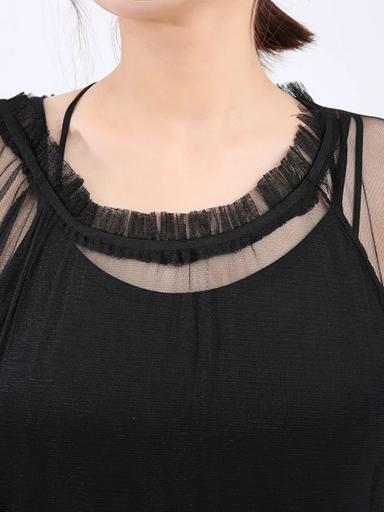 [EAM] Women Black Ruffles Long Big Size Dress New Round Neck Three-quarter Sleeve Loose Fit Fashion Spring Summer 2024 JR77101