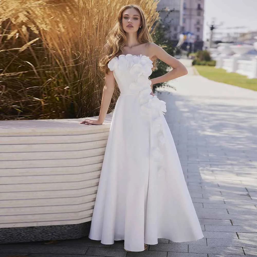 Moderne Hochzeits-Partykleider, Kreppstoff, A-Linie, Halle-Hochzeitskleid, weiß, trägerlos, 3D-Blumen, gerüscht, Hochzeitsgastkleid, Maxi