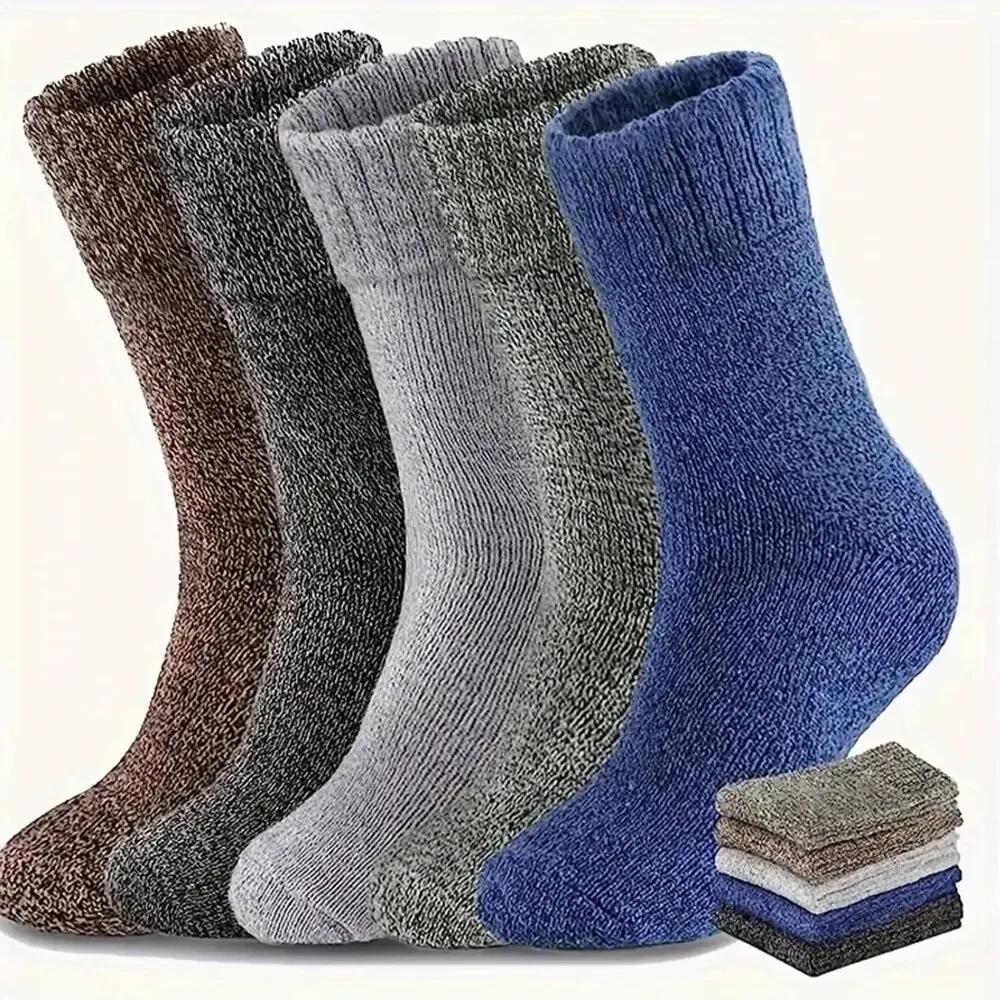 5 Pairs Men\'s Retro Solid Color Casual Wool Socks Winter Warm Mid Length Sock Ultra Thick Harajuku Men Antifreeze Cashmere Socks