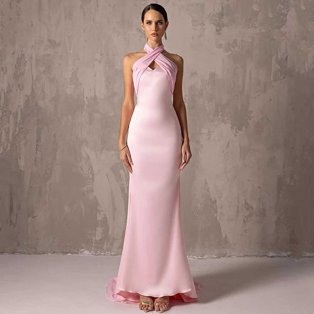 

Flechazo Pink Halter Sleeveless Evening Dress Classic Mermaid Floor Length Women Backless Custom Made Party Gowns with Pleat