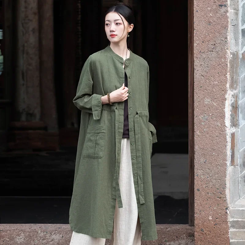 Autumn Cotton Linen New Women's Draw String Windbreaker Mid-Length Retro Loose Long Sleeved Cardigans Female Casual Jacket Coat