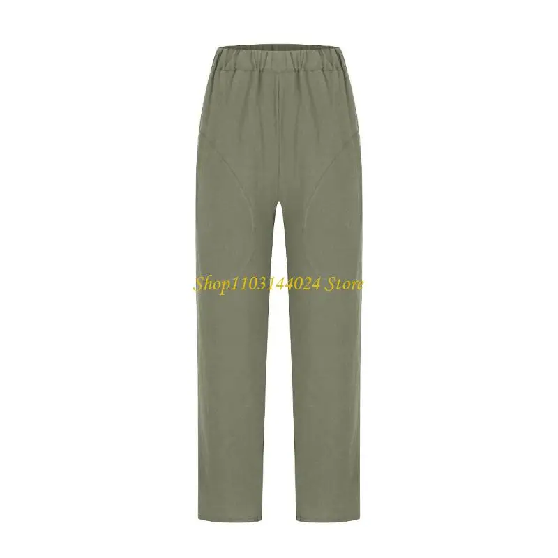 N5KE Cotton Linen Pants Women Casual   Trendy Loose Fit Beach Wide Straight Leg Trousers with Side Pockets