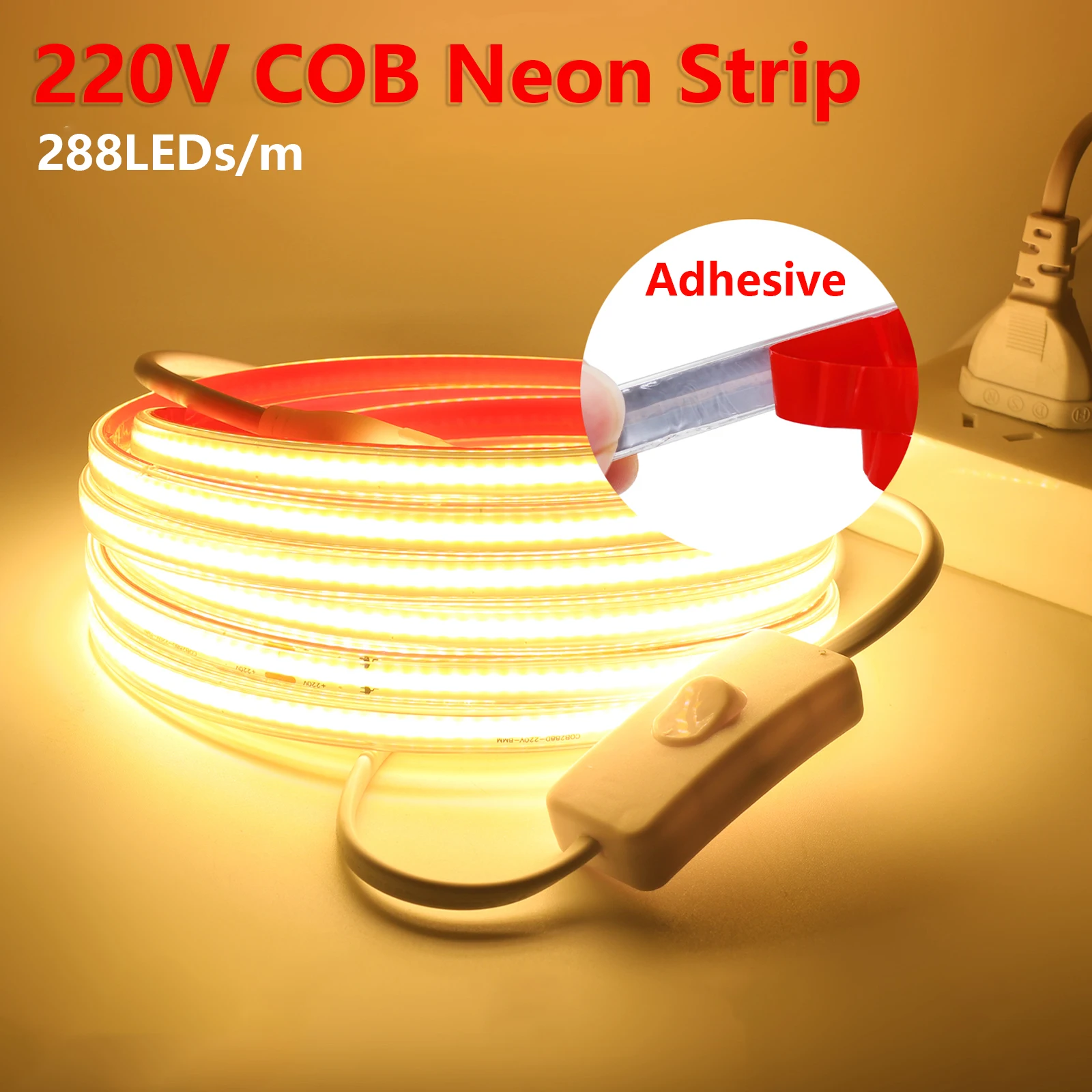 LED Strip COB 220V High Brightness LED Lights Adhesive Strip Waterproof Outdoor LED Ribbon for Room Bedroom Kitchen Garden Light