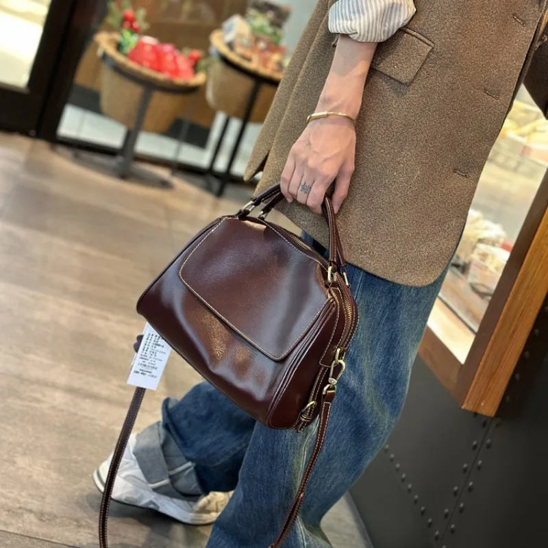 Genuine leather retro bag 2024 new casual versatile crossbody bag premium sense single shoulder pillow bag handbag