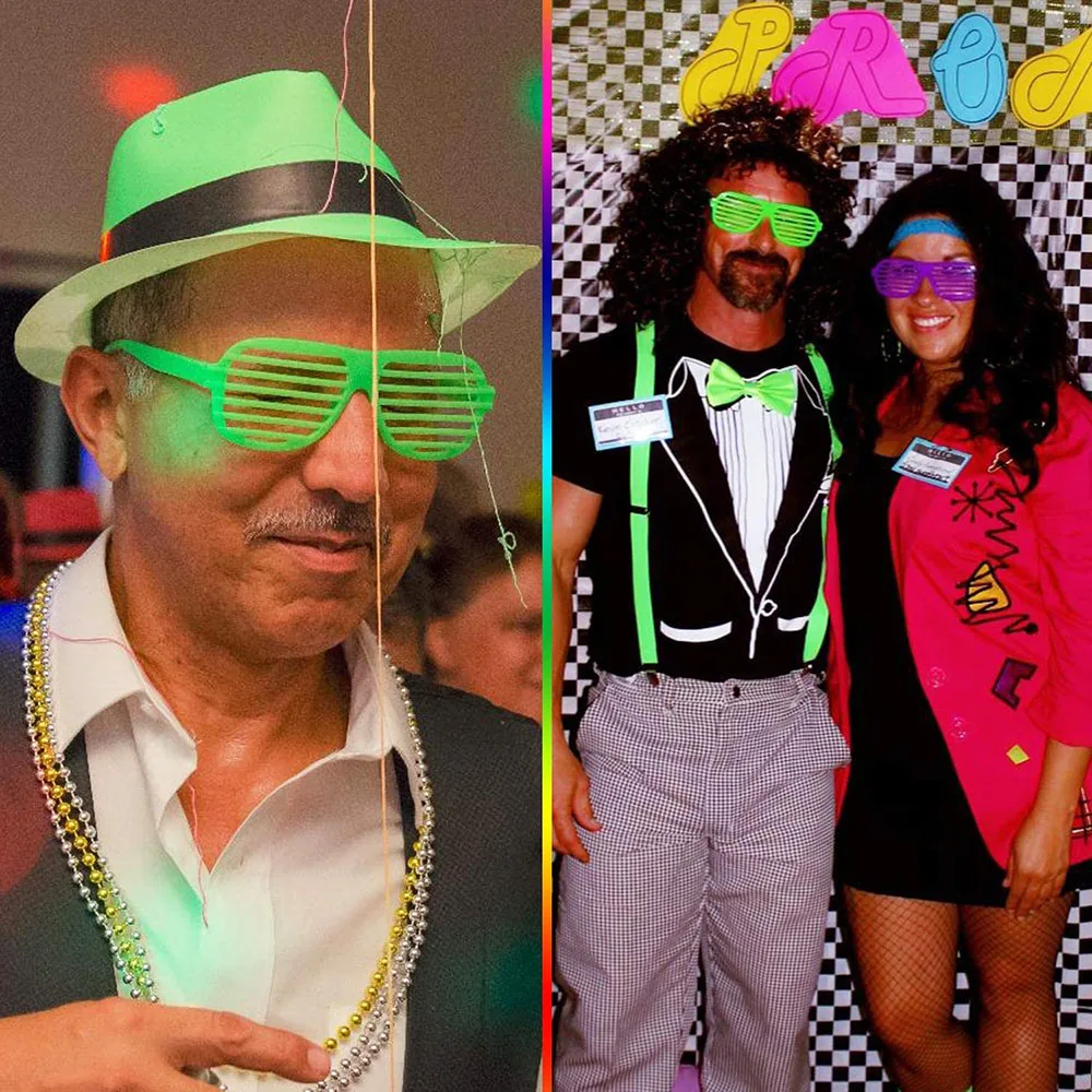 6/12/24 قطعة النيون ديسكو ريترو مصراع الحفلات ظلال نظارات أحمر أصفر وردي أزرق برتقالي أخضر 80s 90s الموسيقى الدعائم الطرف ديكور