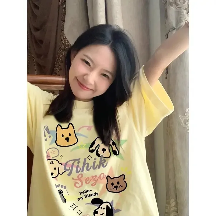 Hand Drawn Dog Cartoon Printing 100% Cotton Tee Women White T Shirts Y2K T-shirt Short Sleeve Casual Loose Cute Oversized Tshirt