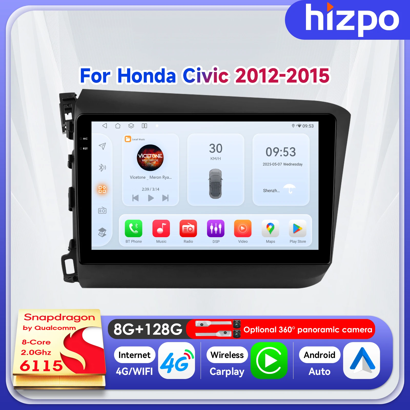 

Автомагнитола Hizpo 9" 8+128G с 4G-экраном 2DIN для Honda Civic 2012-2015, мультимедийный плеер, интеллектуальные системы DSP, Wi-Fi