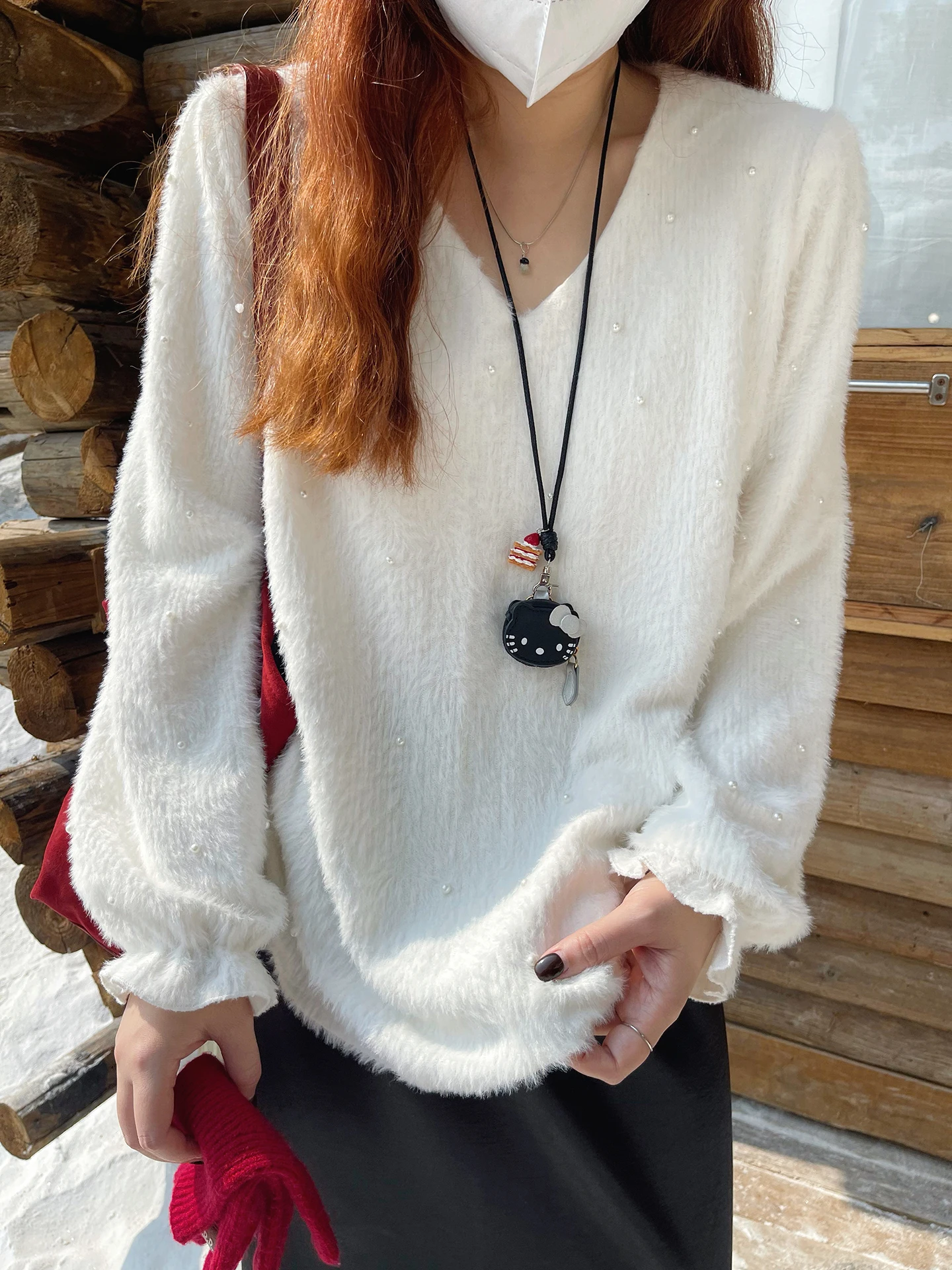 

Женская свободная базовая футболка с V-образным вырезом и длинным рукавом, в корейском стиле, дышащая, комфортная, с цветочным дизайном