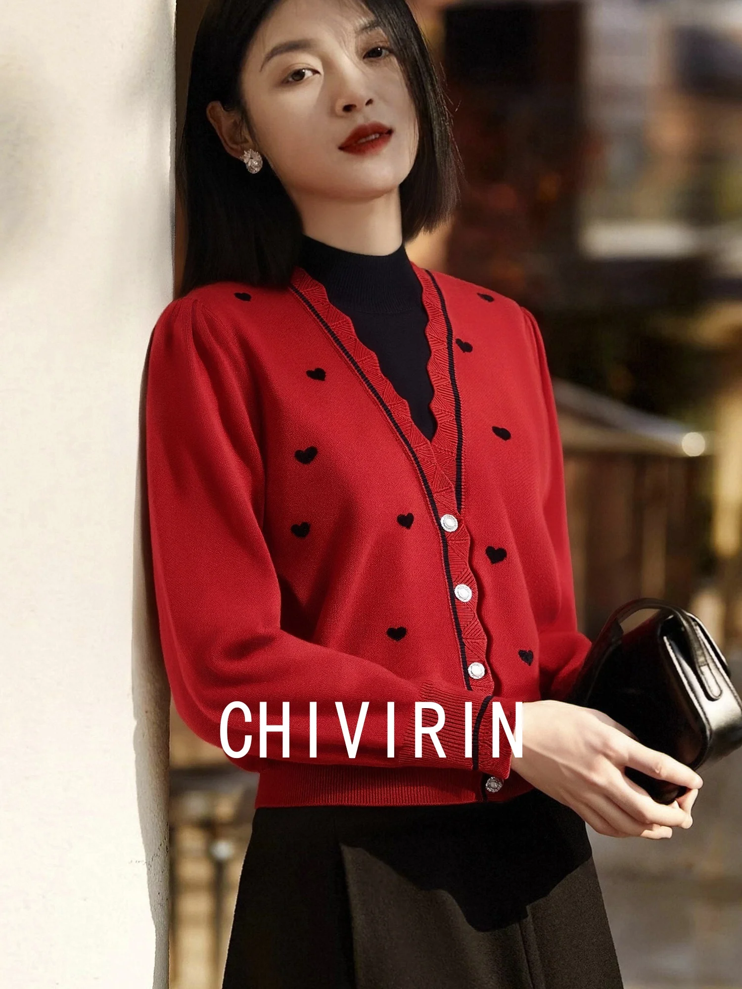 

Длинный вязаный свитер с красным сердечком в стиле пэчворк, женский повседневный топ для похудения, весенний модный новогодний ансамбль