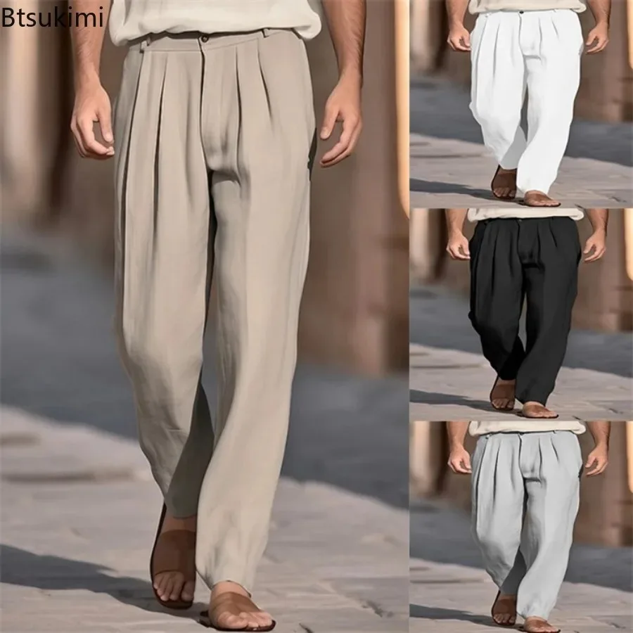 

2026 Men's Casual Straight Trousers Solid Loose Cotton Linen Breathable Leisure Pants with Pocket Men Daily Simple Joggers Pants