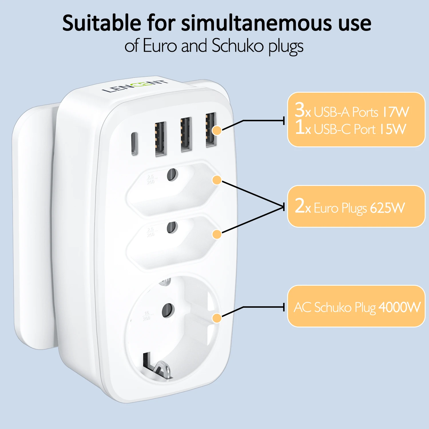 LENCENT Multiple USB Socket with 3 USB Ports 1 AC Schuko plugs and 2 EU plug Portable Plug Adapter Extensor for Home/Office