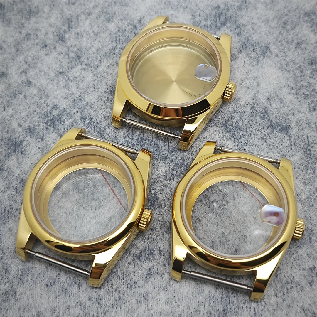 36mm PVD Gold Oyster Watch Case with Sapphire Glass Tooth Ring Watch Replace Accessories for NH35/NH36/4R Movement