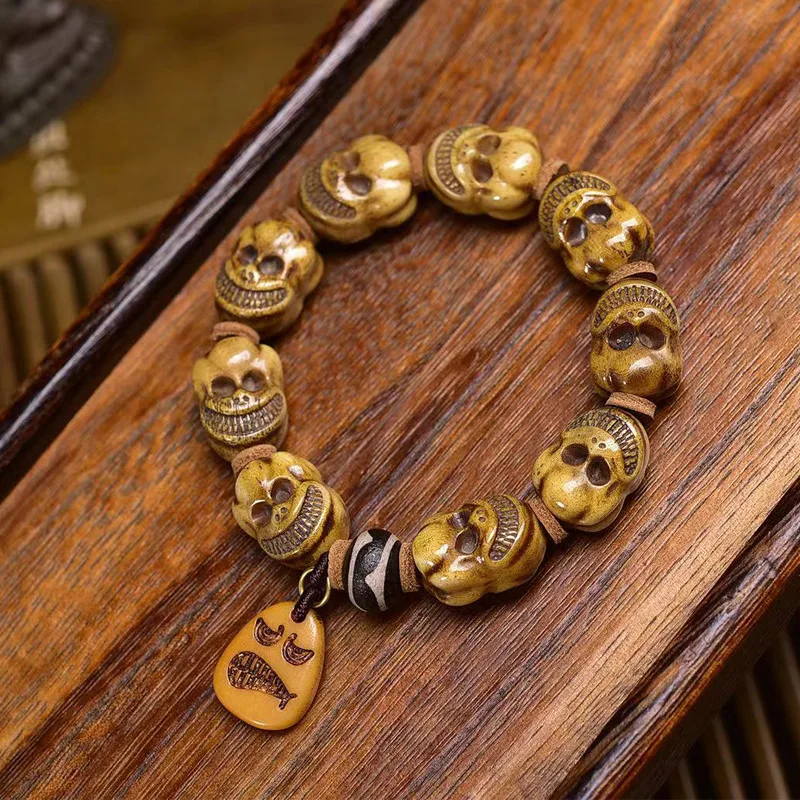 

Tibetan Legend Yak Bone Carved Corpse Tuolin Single-Wrap Buddha AgateBeads Accessories Bracelet