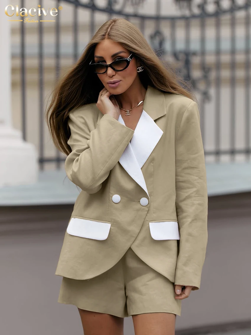 Clacive Elegant Loose Khaki Cotton Patchwork Women 2-Piece Set 2026 Fashion Long Sleeve Shirt With High Waist Shorts Set Female