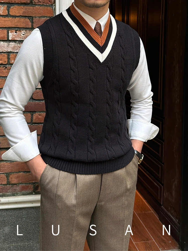 High-End Petty Woven Sleeveless Vest Autumn and Winter Gentry Vest Man Retro British College Style Bottoming Sweater