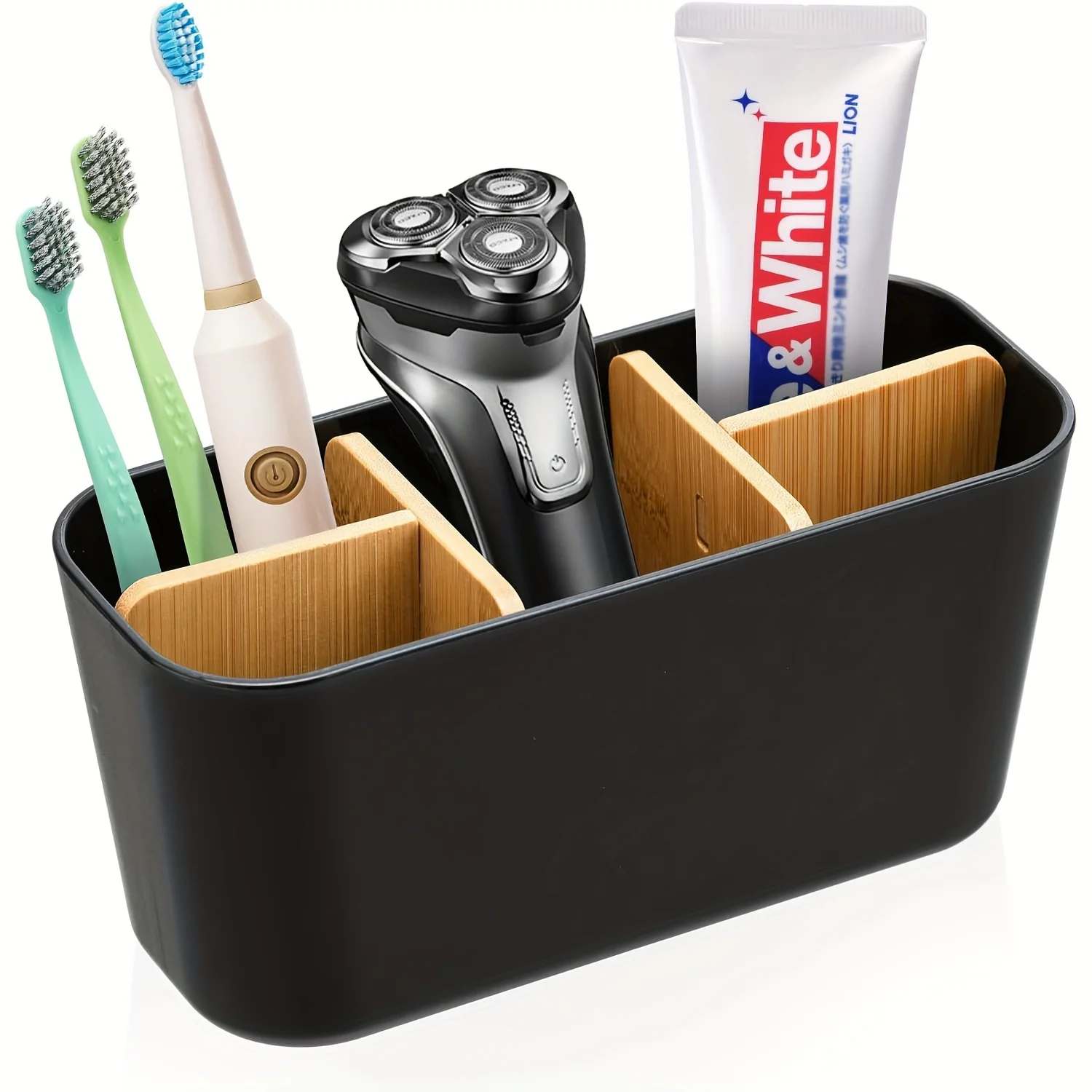 

Eco-Friendly Bamboo Desk Organizer Caddy with 4 Toothbrush Slots + 1 Toothpaste Slot - Multi-Functional Bathroom Holder for Offi
