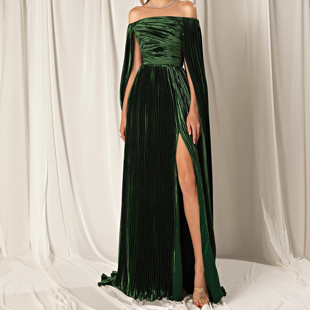 

Customized Luxury Jersey Straight Off the Shoulder Evening Dress Boat Neck Sleeveless Floor Length Watteau Train Prom Gowns