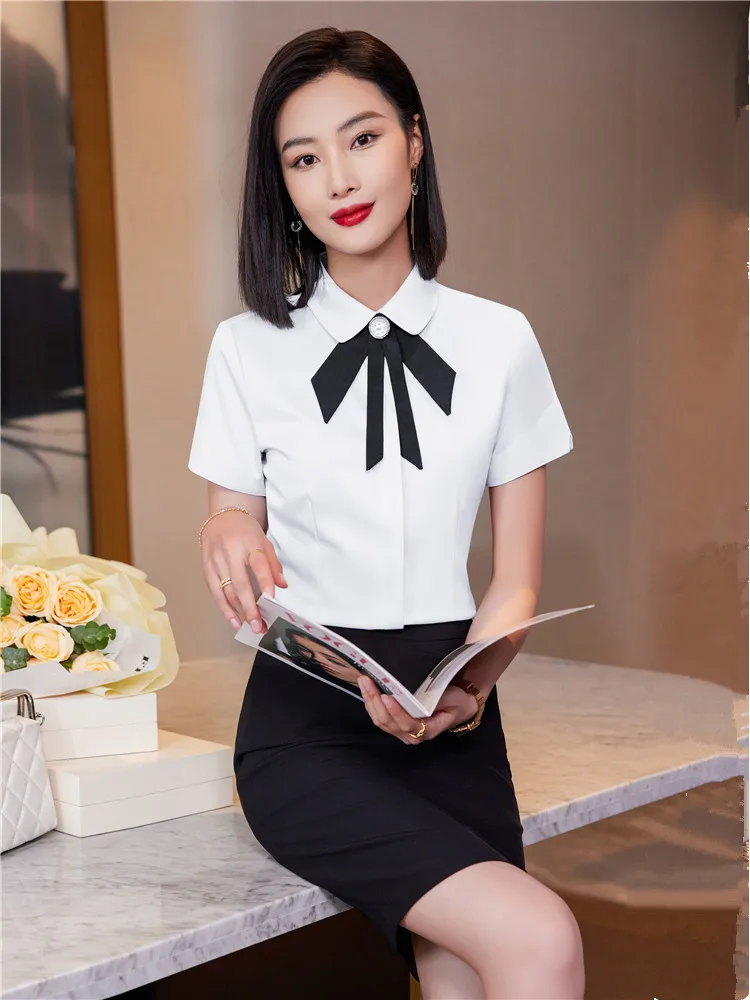 Women\'s White Short Sleeve Blouse Simple Workwear Chic Shirt Detachable Bow Tie Light Blue Top Work Clothes Summer 2023