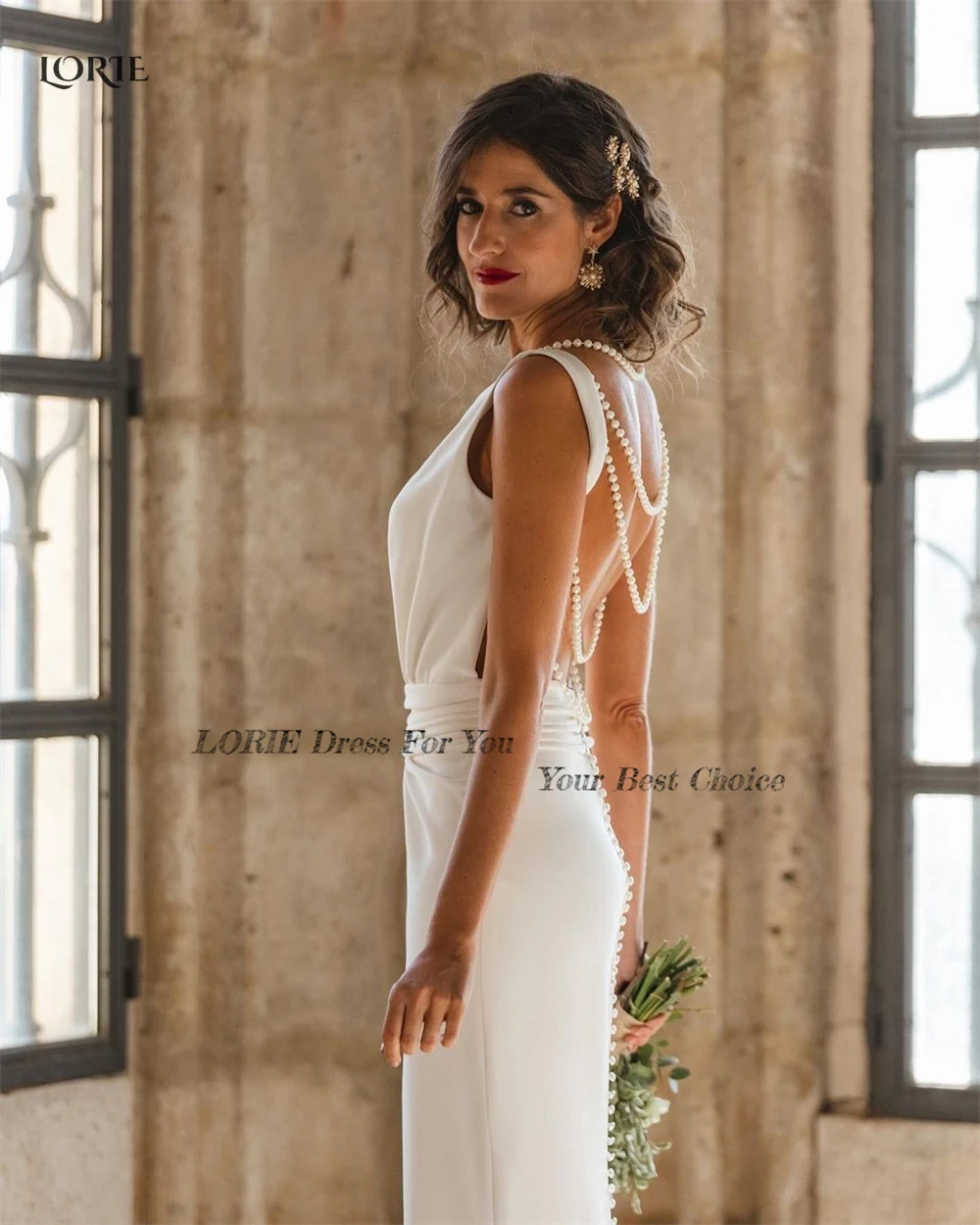 LORIE Solid ไข่มุกชุดเดรสเมอร์เมดยืดหยุ่นซาติน Backless O-Neck ชุดเจ้าสาวจีบ Elegant Beach Prom ชุดเจ้าสาว