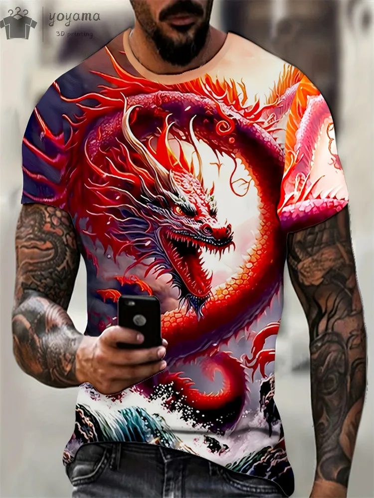 Fashion Personality Men T-Shirt Dragon Pattern 3D Printed Harajuku Street Short Sleeve O Neck T Shirts Oversized Tee Casual Tops