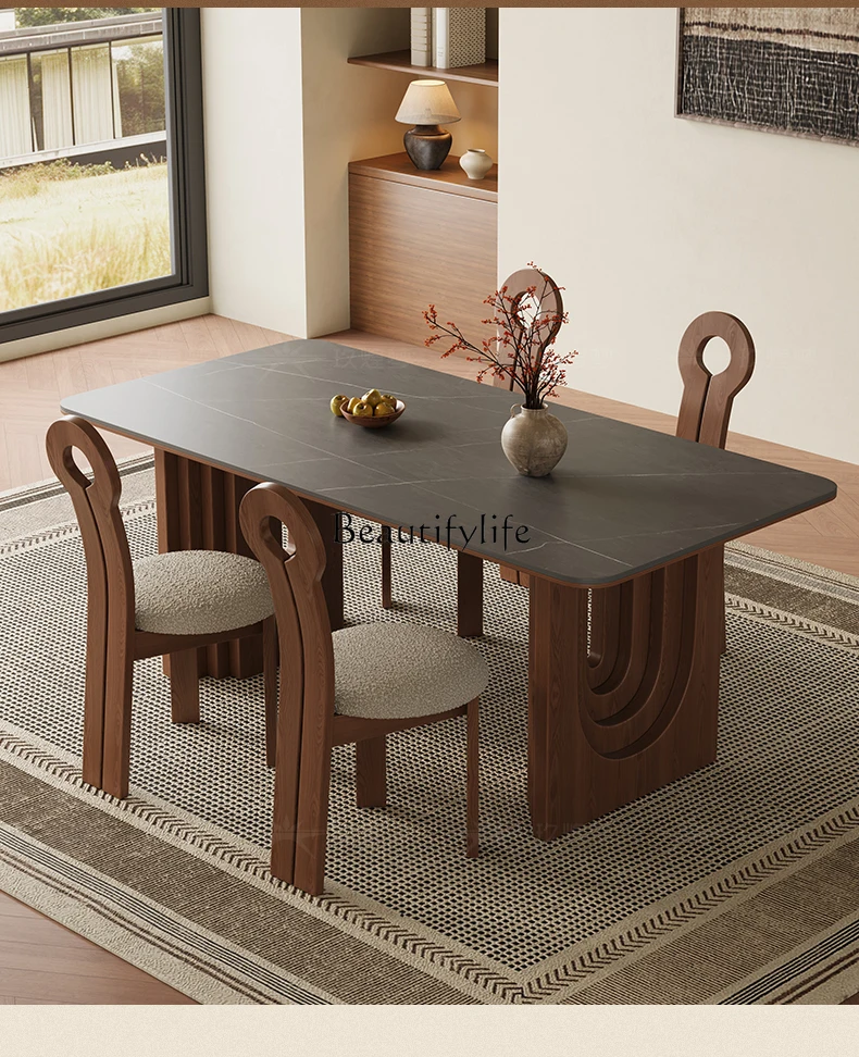 

Vintage Style Solid Wood Rock Board Dining Table Rectangular Retro Simple Modern Walnut Color Dining Table