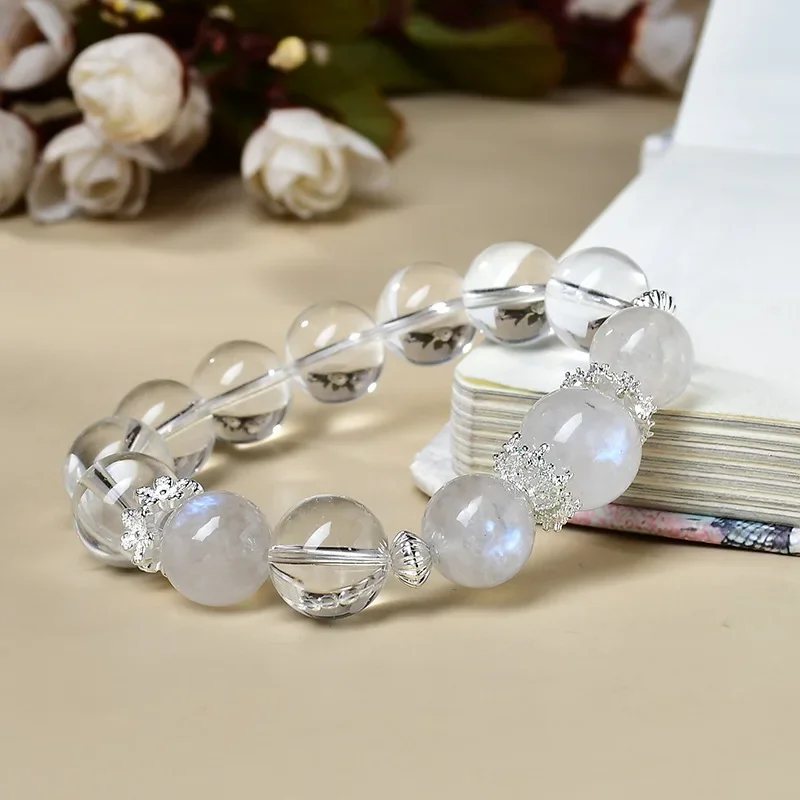 

New Natural Ice-transparent White Crystal Zircon Blue Moonlight Running Ring Fashionable Light Luxury Bracelet.