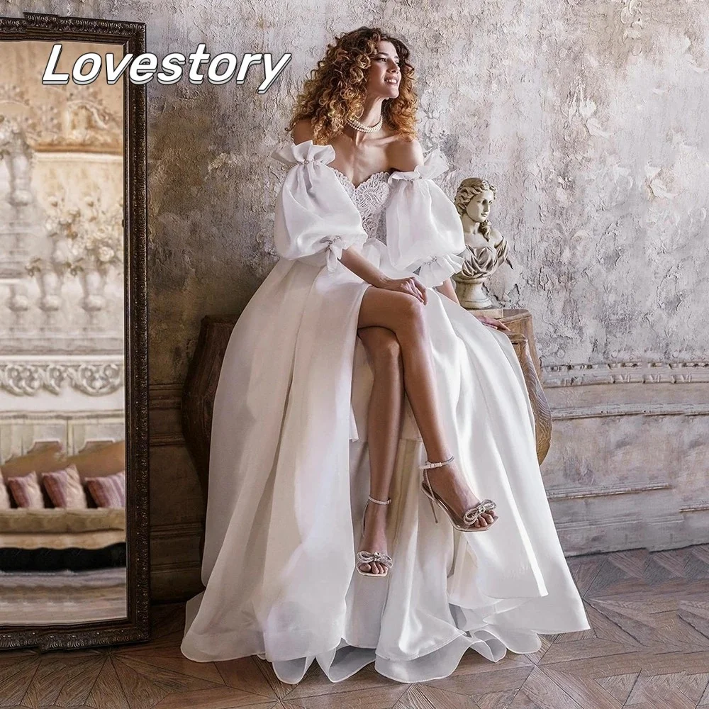 

Elegant Ivory A-Line Lace Wedding Dresses Sweetheart Puff Sleeves Bridal Gowns High Split Front Lace-Up 2023 Vestidos De Noiva