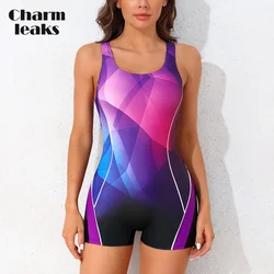 Charmleaks Women Sports One Piece Swimsuis Boyleg Stretchy Gradient Color Bathing Suit Athletic Professional Training Swimwear