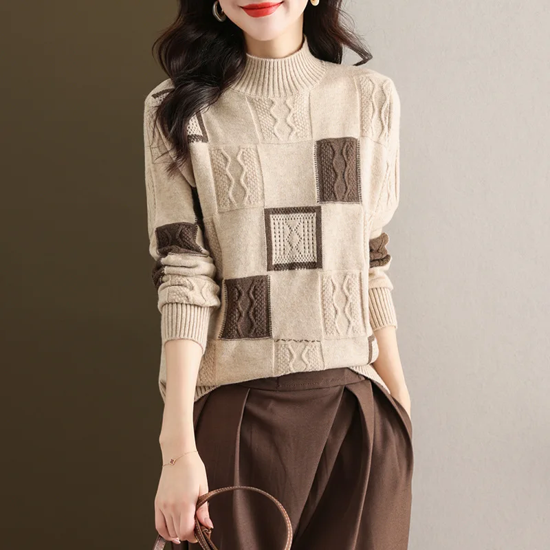 

Fashion Plaid Woman Clothes Long Sleeve Women's Sweater Pollover Blouse Autumn Winter Half High Collar Warm Knitwear Top Mujer