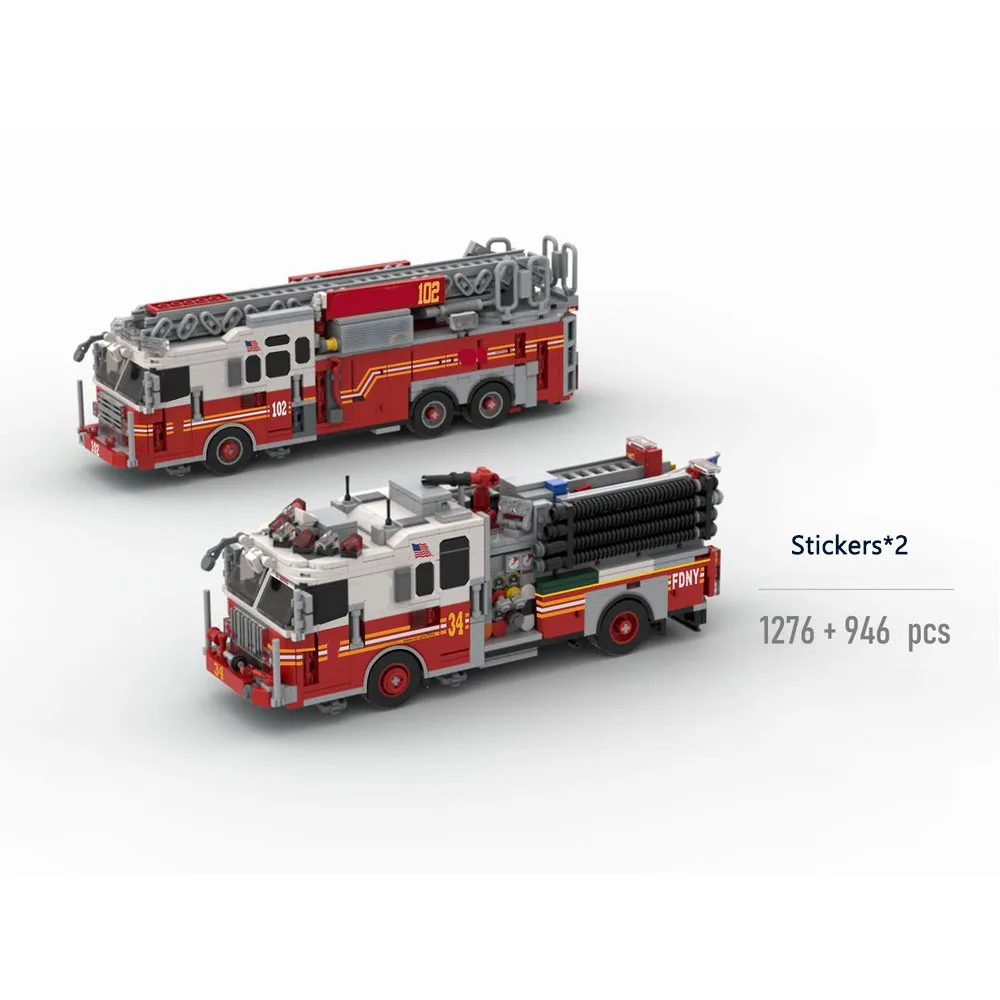 

2218PCS City Vehicles Fire Car MOC FDNY Set - Ladder 102 + Engine 34 Building Blocks Model Toy Brick Children's Birthday Gifts