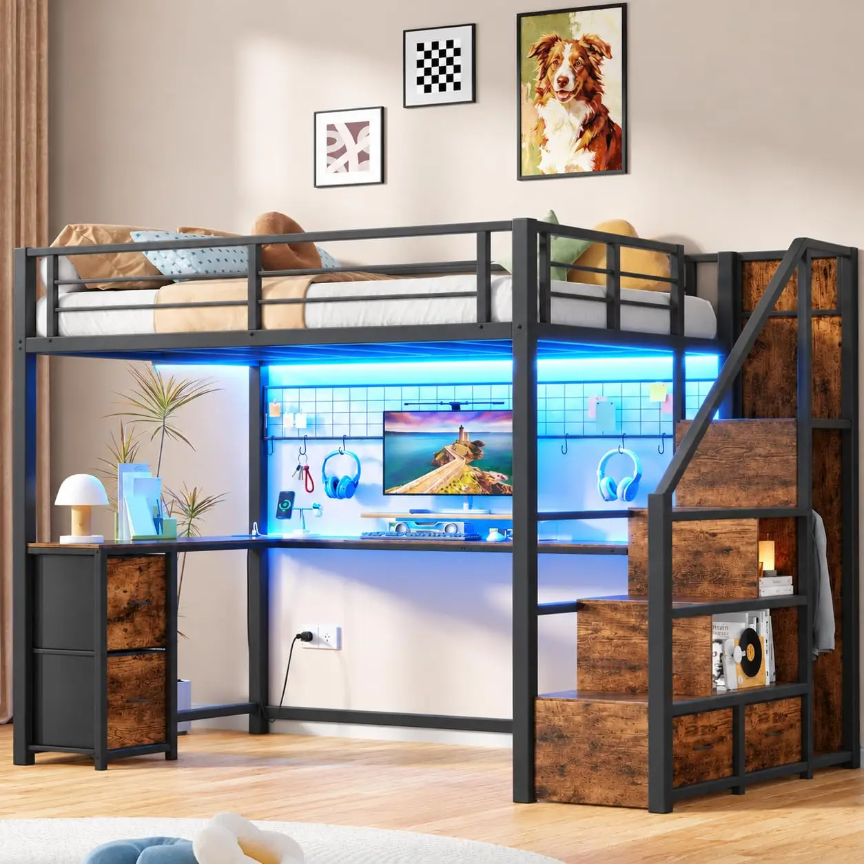 Full Size Loft Bed with L-Shaped Desk and Storage Stairs, Rustic Brown