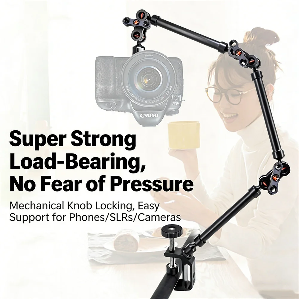 Articulating Magic Arm with C-Clamp Aluminum Overhead Camera Mount Heavy Duty Flexible Desk Stand for iPhone Tablet DSLR Video