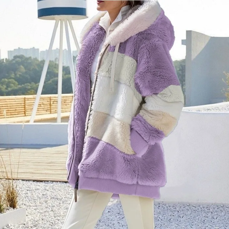 Giacca oversize da donna cappotto 2024 autunno inverno caldo tasca in peluche con cappuccio streetwear cappotto allentato da donna con cerniera in