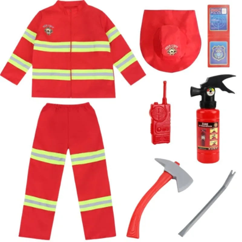 Feuerwehrmann-Kostümset für Kinder – Rotes, bedrucktes, sportliches Feuerwehrmann-Outfit für Berufstag und Feuerübungs-Rollenspiel