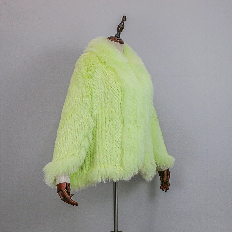 New Extra Long Real Genuine Natural Knitted Rabbit Fur Shawl Coat with Fox Fur Collar Women's Fashion Knit Jacket Cape