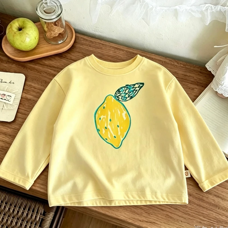 Lemon Flower Long Sleeve Spring 2026 New Clothing Round Neck Base Shirt Simple All-match Tees Cute Printed T Shirt For Child