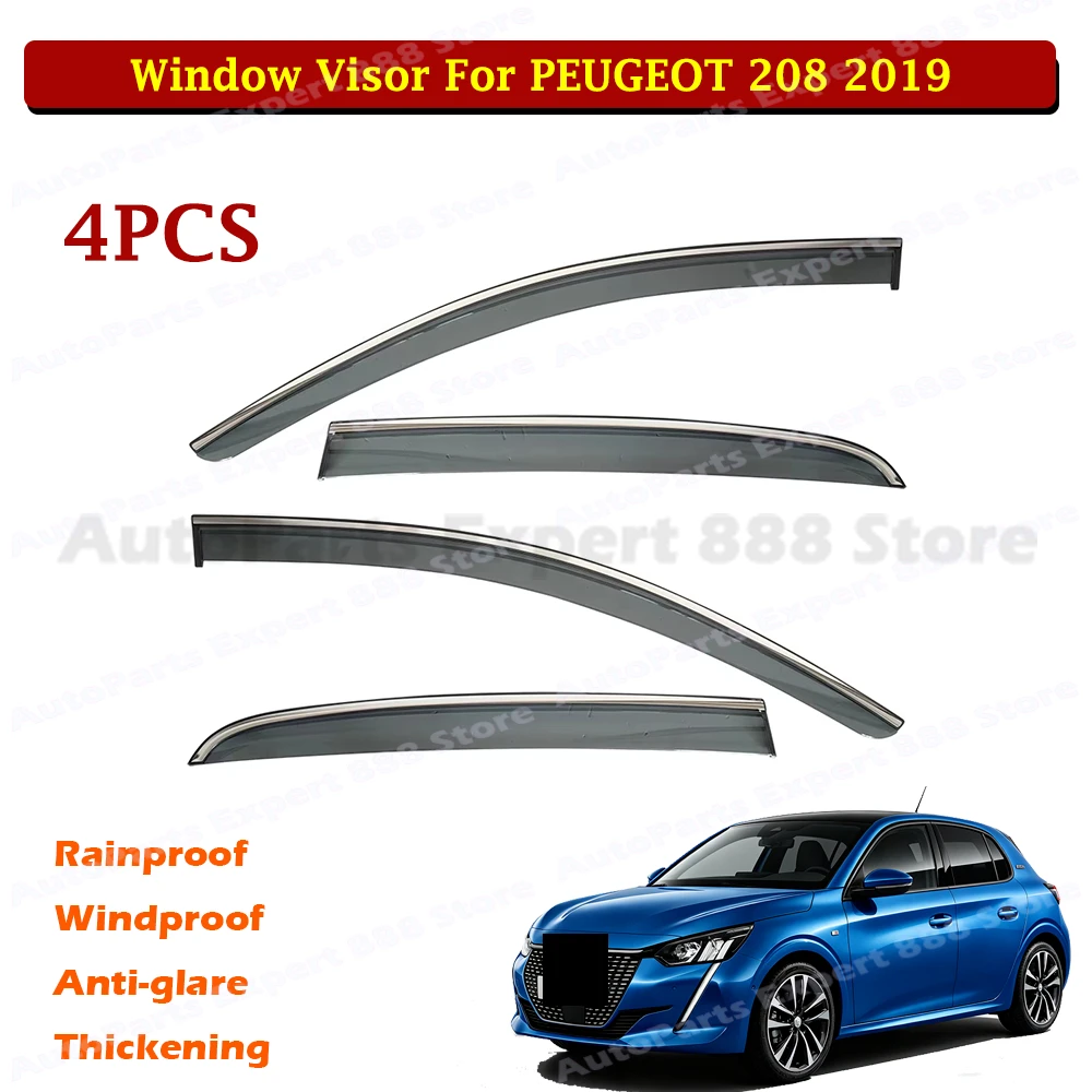 Stainless Steel Trim PC Window Vent Visors For Peugeot 208 2019 Stick-On Rain Guards Wind Deflector 4Pcs Exterior Accessories