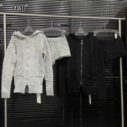 VGH Causal Two Piece Set For Women Hooded Spliced Zipper Sweater Knitted High Waist Shorts Solid Knitted Suit Female 2024 Winter