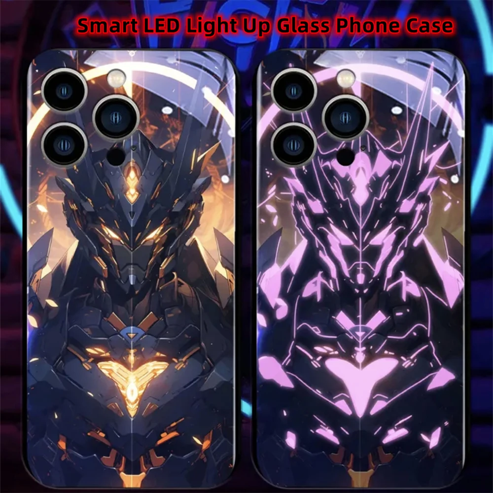 Metal Mech Mask Design Smart LED Light Glow Tempered Glass Phone Case For iPhone Air 17 16 15 14 13 12 11 Pro Max Plus