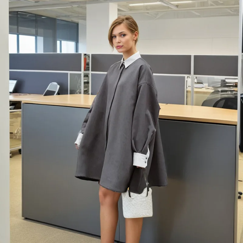 

SuperAen Office Lady Retro Contrasting Colors Lapel Collar Loose A-line Mid-length Coats Women Autumn 2025 New Coats