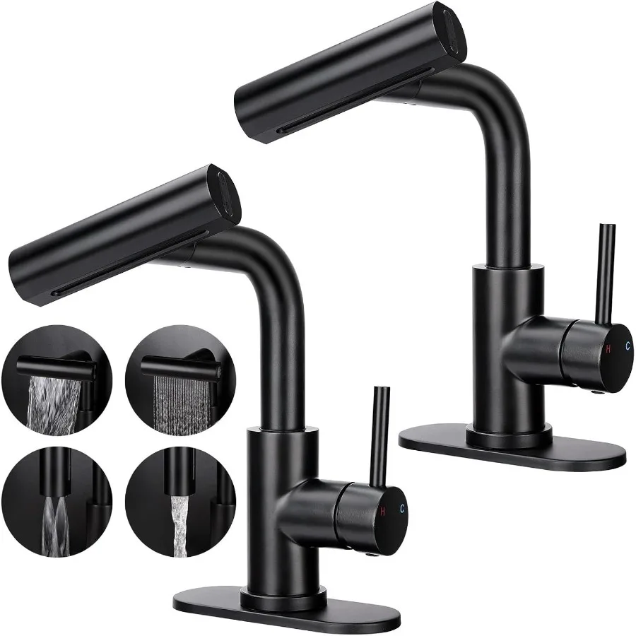 

Bathroom Sink Faucet with 4 Mode Pull Down Sprayer Matte Black Single Handle Pull Out Faucet with Pop-Up Drain 1 or 3 Hole Laun