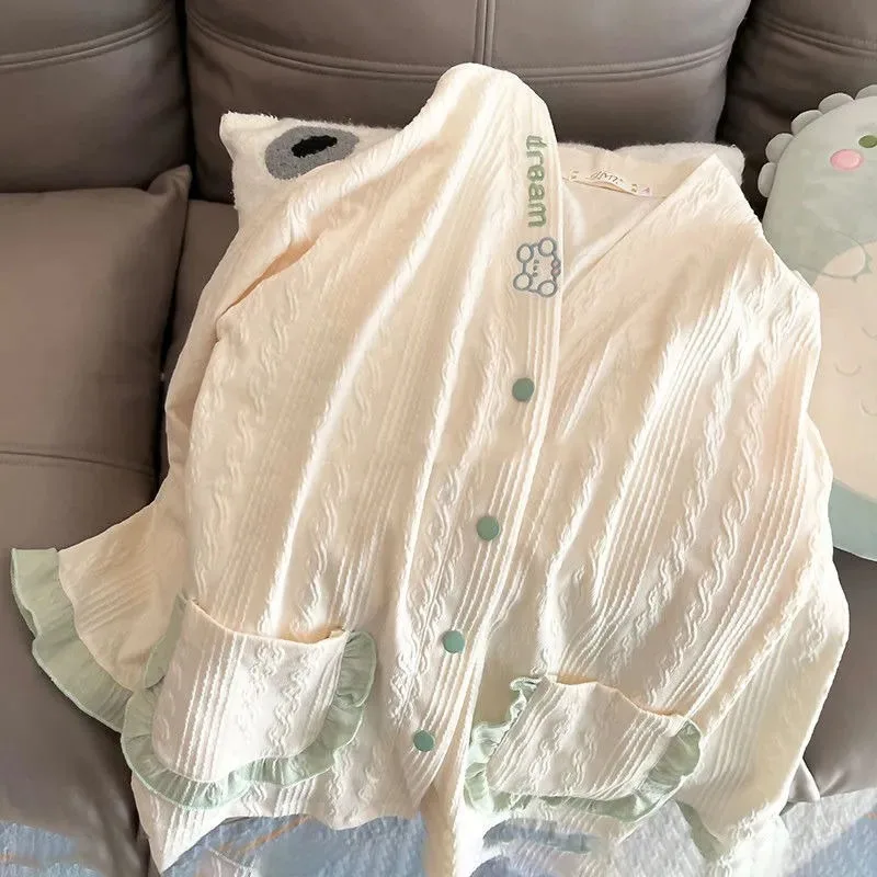 Spring and Autumn Pure Cotton Pajamas Women  Long Sleeve Home Suit Set Cute Cartoon Embroidery Sweet Girl Can Be Worn Sleepwear