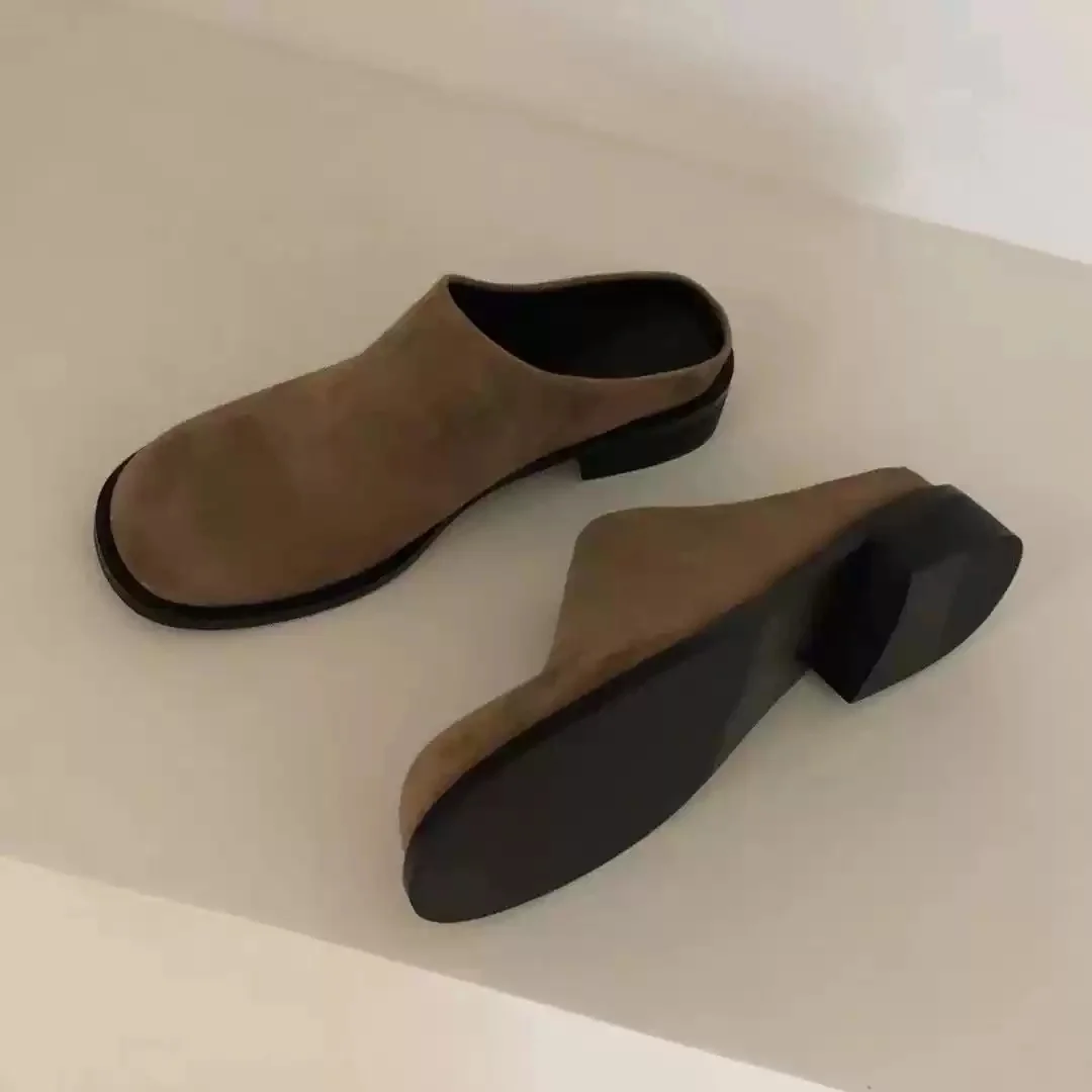 

Women's Khaki Suede Square Toe Backless Mules Chunky Block Heel Slip-On Loafer Slides for Casual Daily Autumn Winter Minimalist