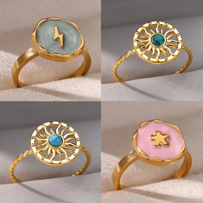 

Vintage Cold Enamel Flowers Rings for Women Stainless Steel Gold Color Dripping Oil lightning Ring Aesthetic Wedding Jewelry INS